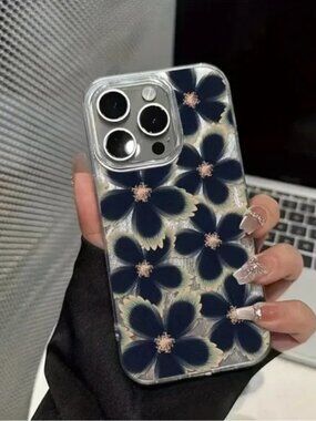 iPhone Phone Case Floral Silver Navy Flowers Soft Shell Case
